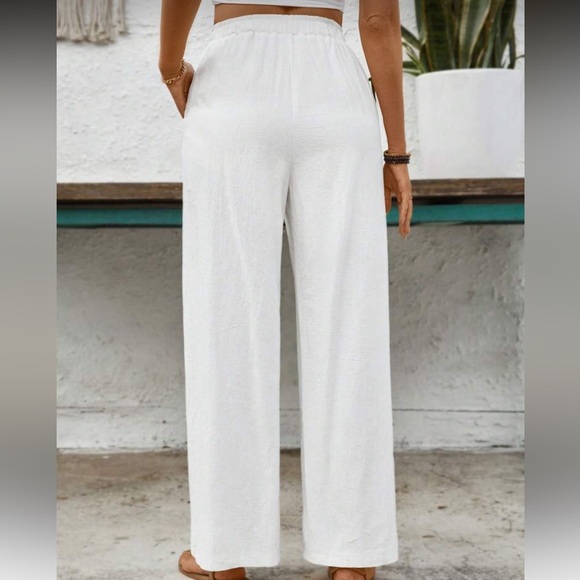 100% cotton preppy boho beach lounge pants classic summer wide leg pants white - Picture 2 of 7